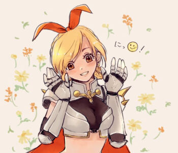 1girl armor bikini_armor black_shirt blonde_hair blush bow breasts brown_eyes commentary_request crop_top emoji floral_background flower gauntlets gobaku_no_hito grin hair_bow hands_up looking_at_viewer medium_breasts orange_bow pauldrons ragnarok_masters ragnarok_online rune_knight_(ragnarok_online) shirt short_hair shoulder_armor smile solo spiked_pauldrons spikes upper_body yellow_flower