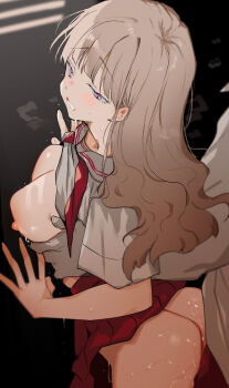 1boy 1girl arched_back ass blush brown_hair grabbing_another&#039;s_breast grabbing_from_behind groping hetero highres in_locker long_hair nonoyama original red_skirt sex sex_from_behind shirt skirt solo_focus standing standing_sex sweat very_long_hair white_shirt