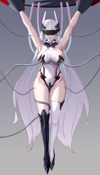 1girl absurdres aqua_pupils armpits arms_up asymmetrical_footwear azur_lane bare_shoulders black_boots blue_streaks boots breasts chinese_commentary commentary_request covered_navel eye_mask gluteal_fold hair_between_eyes headgear highres impossible_clothes impossible_leotard kearsarge_(azur_lane) knee_boots large_breasts leotard long_hair looking_at_viewer mask mechanical_tentacles multicolored_leotard navel orchery pink_streaks purple_eyes restrained sideboob single_knee_boot single_thigh_boot solo stationary_restraints thigh_boots torn_clothes torn_leotard two-tone_leotard variant_set very_long_hair white_boots white_hair white_leotard