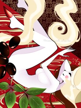 1girl ass blonde_hair branch breasts charlie_morningstar circle_facial_mark closed_eyes commentary_request completely_nude demon_girl facial_mark fetal_position hazbin_hotel hellaverse hooves leaf long_hair moonmask_alacha nude olive parted_lips solo very_long_hair