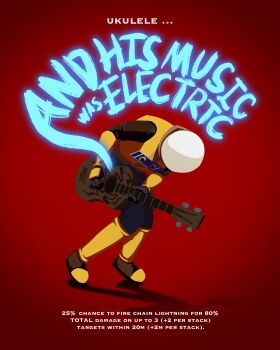 1boy absurdres commando_(risk_of_rain) english_text full_body guitar helmet highres holding_instrument holding_ukulele instrument leaning_forward music naozziw parody playing_instrument poster_parody red_background risk_of_rain_(series) scott_pilgrim_(series) scott_pilgrim_vs_the_world_(movie) simple_background solo spacesuit standing ukulele