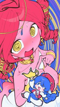 2girls @_@ approve_please_genie(vocaloid) arabian_clothes baggy_pants blue_background blue_eyes blue_hair blush bracelet braid colored_skin commentary_request drill_hair fang genie ghost_tail gold harem_pants head_chain highres jewelry kasane_teto long_hair low-braided_long_hair low-tied_long_hair multiple_girls nayuta_(gnlvld_22) necklace nervous nervous_sweating oil_lamp otomachi_una pants pink_skin raised_inner_eyebrows red_hair red_turban shirt skin_fang strapless sweat thobe tube_top turban twin_drills twintails vocaloid white_pants white_shirt yellow_background yellow_eyes