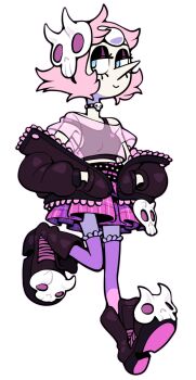 1girl alternate_costume black_eyeshadow blue_eyes breasts discount-supervillain eyeshadow forehead_jewel gem gem_(steven_universe) goth_fashion highres makeup mask mask_on_head pale_skin pastel_goth pearl_(species)_(steven_universe) pearl_(steven_universe) pink_hair pointy_nose see-through_clothes see-through_shirt shirt short_hair skull_mask smile solo steven_universe