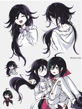 Rule 34 | 2girls, ahoge, bell, bite mark, bite mark on neck, black cape, black hair, blush, bow, bowtie, buttons, cape, capelet, carrying, chibi, closed eyes, commentary request, danganronpa (series), danganronpa v3: killing harmony, earrings, ewa (seraphhuiyu), fur-trimmed capelet, fur trim, genderswap, genderswap (mtf), grey background, hair between eyes, hair down, hair over shoulder, happy, highres, jewelry, long hair, long sleeves, looking at viewer, looking back, multiple girls, multiple views, nape, neck bell, oma kokichi, open mouth, pants, pointy ears, princess carry, purple bow, purple bowtie, purple eyes, purple hair, red nails, saihara shuichi, short hair, simple background, slit pupils, smile, surprised, thigh strap, twitter username, vampire, very long hair, white capelet, yellow eyes, yuri