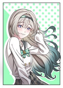 Rule 34 | 1girl, auk1098, black hairband, black sailor collar, blush, bow, bowtie, buttons, commentary request, double-breasted, firefly (honkai: star rail), firefly (spring missive) (honkai: star rail), gradient eyes, gradient hair, green bow, green bowtie, grey hair, grey skirt, hair between eyes, hair intakes, hair tubes, hairband, highres, honkai: star rail, honkai (series), korean commentary, long hair, multicolored eyes, multicolored hair, open mouth, plaid bow, plaid bowtie, plaid clothes, pleated skirt, polka dot, polka dot background, sailor collar, skirt, smile, solo, teeth