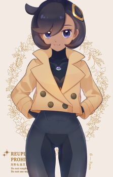 1girl absurdres black_bodysuit black_hair blue_eyes bodysuit bodysuit_under_clothes closed_mouth collared_jacket commentary_request cowboy_shot emma_(pokemon) eyelashes hair_between_eyes hair_ornament hands_on_own_hips highres jacket long_sleeves looking_at_viewer nintendo pokemon pokemon_legends:_z-a ryusa_(gjgd7445) short_hair smile solo yellow_jacket