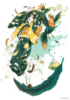 1girl 2017 absurdres animal animal_on_head arms_up artist_name artistic_error baby_animal bird bird_on_head black_hair blurry blurry_foreground chick chicken chinese_hairpin chinese_zodiac clip_studio_paint_(medium) commentary curled_fingers falling_feathers feathers floral_print floral_print_kimono flower_hairpin geta highres japanese_clothes jumping kimono looking_at_another motion_blur obi obijime on_head open_mouth original paint_splatter print_kimono rooster sanderson sash scarf socks splatter_background teeth upper_teeth_only white_socks year_of_the_rooster yellow_eyes yellow_scarf