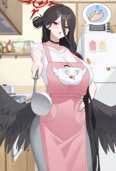 1girl absurdres alternate_costume apron black_choker black_hair black_wings blue_archive blurry blurry_background blush breasts choker commentary ddog english_commentary feathered_wings from_below hair_between_eyes hair_over_shoulder halo hand_on_own_hip hasumi_(blue_archive) highres holding holding_ladle huge_breasts kitchen ladle long_hair long_hair_between_eyes low-tied_long_hair low_wings microwave mole mole_under_eye open_mouth oversized_wings pants pink_apron red_eyes red_halo refrigerator shirt solo standing stove very_long_hair white_shirt wings