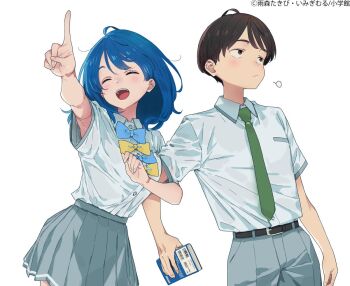 1boy 1girl black_hair blue_bow blue_bowtie blue_hair book bow bowtie brown_eyes commentary_request copyright_name green_necktie grey_skirt holding holding_book imigimuru locked_arms make_heroine_ga_oo_sugiru! medium_hair necktie nukumizu_kazuhiko official_art pleated_skirt pointing school_uniform shirt short_hair short_sleeves skirt summer_uniform tsuwabuki_high_school_uniform white_background white_shirt yanami_anna yellow_bow yellow_bowtie