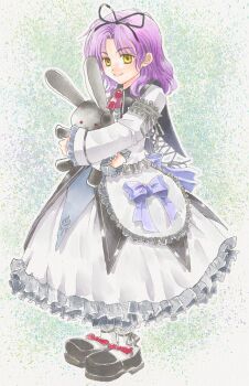 1girl black_ribbon black_shoes blue_bow bow closed_mouth commentary_request curtained_hair dress eiyuu_densetsu full_body hair_ribbon highres holding holding_stuffed_toy koyagistock looking_at_viewer medium_hair purple_hair renne_(eiyuu_densetsu) ribbon shoes smile solo sora_no_kiseki standing stuffed_animal stuffed_rabbit stuffed_toy white_dress yellow_eyes