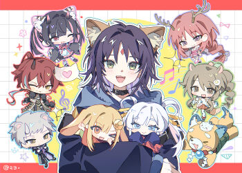 Rule 34 | > <, > o, 3boys, 5girls, :d, ahoge, animal ear fluff, animal ears, antlers, ayatsumugi roka, blonde hair, blue hoodie, blunt bangs, brown hair, chibi, chinese commentary, cho kaguya-hime!, commentary request, crescent, crescent hair ornament, crossdressing, crossdressing (mtf), dog, everyone, forehead jewel, fox ears, fushi (cho kaguya-hime!), green eyes, grey hair, hair ornament, hair rings, hair stick, heart, highres, holding, holding mini person, hood, hoodie, horns, inudoge, isayama mami, kaguya (cho kaguya-hime!), komazawa noi, komazawa rai, letterboxed, long hair, long sleeves, looking at viewer, lop rabbit ears, m yiil77, mikado akira (cho kaguya-hime!), mini person, minigirl, multicolored hair, multiple boys, multiple girls, musical note, one eye closed, open mouth, outline, parted bangs, pink eyes, purple hair, rabbit ears, red hair, reindeer antlers, runami yachiyo, sakayori iroha, sea slug, short hair, smile, sparkle, spoken heart, streaked hair, tiger ears, trap, twintails