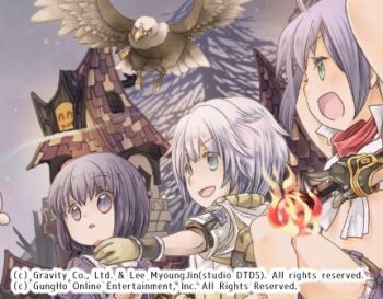 1boy 2girls :d bald_eagle bandana bird blacksmith_(ragnarok_online) brown_gloves commentary_request copyright_notice eagle gloves green_eyes grey_hair grey_sky house hunter_(ragnarok_online) jacket looking_afar lowres multiple_girls open_mouth outdoors paid_reward_available priest_(ragnarok_online) purple_eyes purple_hair ragnarok_online red_bandana shinonome_moegi shirt short_hair sky smile tree upper_body white_jacket white_shirt