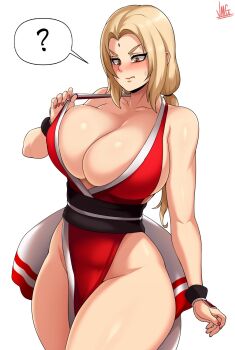 1girl ? artist_name bare_shoulders blonde_hair blush breasts brown_eyes cleavage commentary_request cosplay curvy fatal_fury female_focus hair_intakes highres huge_breasts jmg large_breasts long_hair looking_down mature_female nail_polish naruto_(classic) naruto_(series) naruto_shippuuden ninja no_bra pelvic_curtain revealing_clothes shiranui_mai shiranui_mai_(cosplay) signature simple_background solo speech_bubble spoken_question_mark sweatdrop the_king_of_fighters thick_thighs thighs trait_connection tsunade_(naruto) white_background wide_hips