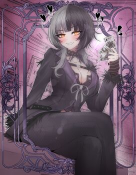 Rule 34 | 1girl, absurdres, adapted costume, arm behind back, belt, black belt, black choker, black hair, black jacket, black nails, black pants, blush, border, breasts, card, chest belt, choker, cleavage, commentary, crossed legs, english commentary, feet out of frame, fingernails, fur-trimmed sleeves, fur trim, grey hair, grin, hand up, heart, highres, holding, holding card, hololive, hololive english, inset border, jack (playing card), jack of spades, jacket, king (playing card), king of spades, lace, lace choker, large breasts, long fingernails, long hair, long sleeves, looking at viewer, mayoa, multicolored hair, nail polish, ornate border, pants, pantyhose, playing card, queen (playing card), queen of spades (playing card), shiori novella, shiori novella (1st costume), sitting, smile, solo, split-color hair, suit jacket, two-tone hair, virtual youtuber, yellow eyes