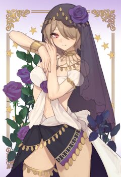 1girl absurdres bare_shoulders bracelet breasts brown_hair chinese_commentary closed_mouth commentary_request dancer flower gauntlets gold hair_flower hair_ornament highres honkai_(series) honkai_impact_3rd jewelry large_breasts looking_at_viewer mole mole_under_eye nail_polish necklace one_eye_covered purple_flower red_eyes rita_rossweisse smile thighs tutou_jiang veil