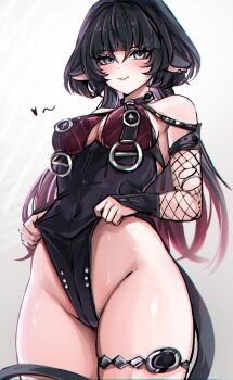 1girl absurdres animal_ears bare_shoulders black_hair black_one-piece_swimsuit blue_eyes breast_curtains breasts cameltoe choker cleavage commentary covered_navel cowboy_shot earrings english_commentary fishnet_sleeves fishnets heart highres jane_doe_(nocturne_of_light)_(zenless_zone_zero) jane_doe_(zenless_zone_zero) jewelry leather_leotard leotard_tug long_hair long_tail looking_at_viewer medium_breasts mokiemokki mouse_ears mouse_girl mouse_tail multicolored_hair o-ring o-ring_choker official_alternate_costume one-piece_swimsuit parted_lips red_hair red_one-piece_swimsuit smile solo swimsuit tail thigh_strap two-tone_one-piece_swimsuit white_background zenless_zone_zero