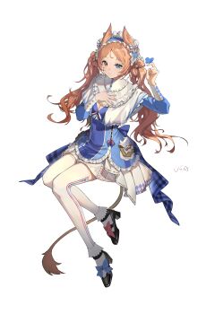1girl absurdres alternate_costume alternate_hairstyle archetto_(arknights) arknights arm_up bell black_shoes blonde_hair blue_bow blue_dress blue_eyes blue_hairband blue_trim bow bow-shaped_hair breasts bug butterfly butterfly_on_hand capelet chest_bow cleavage cleavage_cutout clothing_cutout commentary dress feather_hair footwear_bow frilled_capelet frilled_dress frilled_shirt_collar frills from_above full_body gold_trim griffin_girl hair_bell hair_bow hair_ornament hairband hand_on_own_chest heterochromia high_collar highres insect knees_together_feet_apart layered_dress lion_tail long_hair long_sleeves looking_at_viewer parted_bangs parted_lips pleated_skirt pocket red_bow red_eyes shoes short_dress showgirl_skirt sidelocks signature simple_background skirt smile strappy_heels tail thighhighs twintails v.ia white_background white_capelet white_dress white_thighhighs