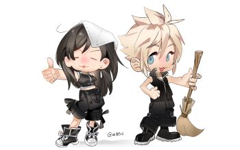1boy 1girl 4k1030 absurdres apron bare_shoulders black_apron black_hair black_pants black_shirt black_shorts black_vest blonde_hair blue_eyes breasts broom closed_eyes cloud_strife earrings facing_viewer final_fantasy final_fantasy_vii final_fantasy_vii:_advent_children full_body highres holding holding_broom jewelry long_hair looking_at_viewer medium_breasts midriff_peek open_mouth pants popped_collar shirt short_hair shorts single_earring sleeveless sleeveless_shirt spiked_hair standing thumbs_up tifa_lockhart twitter_username vest waist_apron zipper