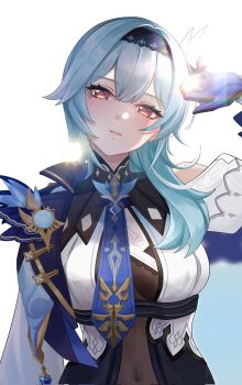 1girl black_hairband blue_gloves blue_hair blue_necktie breasts chest_harness clothing_cutout covered_navel eula_(genshin_impact) genshin_impact gloves gnsn_tukituki hairband hand_up harness highres large_breasts lens_flare looking_at_viewer medium_hair necktie parted_lips shoulder_cutout side_cape solo upper_body vision_(genshin_impact) white_background