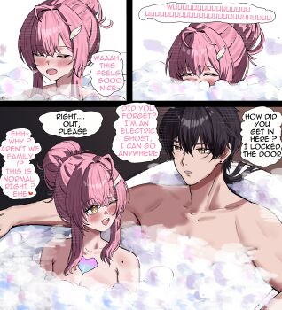 Rule 34 | 1boy, 1girl, 2na (blue2na), absurdres, adoptive parent and adoptive child, aemeath (wuthering waves), ahoge, black hair, blush, breasts, collarbone, commentary, father and child, father and daughter, hair between eyes, hair bun, hair ornament, hair up, highres, looking at another, male rover (wuthering waves), medium breasts, mixed-sex bathing, mole, mole on shoulder, one eye closed, open mouth, orange eyes, parent and child, pink hair, revision, rover (wuthering waves), shared bathing, smile, tacet mark (wuthering waves), toned, toned male, wuthering waves, yellow eyes