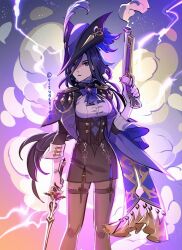 Rule 34 | 1girl, ascot, black hair, blue hair, breasts, clorinde (genshin impact), corset, electricity, genshin impact, gloves, gun, handgun, hat, hat feather, highres, holding, holding gun, holding weapon, jewelry, large breasts, long hair, looking at viewer, pantyhose, purple eyes, shirt, solo, tricorne, very long hair, vision (genshin impact), visualkid n, weapon, white gloves, white shirt