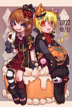 Rule 34 | 1boy, 1girl, :d, alternate costume, animal ears, argyle background, asymmetrical legwear, black boots, black gloves, black robe, blonde hair, blue eyes, boots, bow, brown hair, bug, butterfly, cake, candy, cat ears, commentary request, crown, dated, dress, fangs, food, frilled dress, frills, gloves, halloween, highres, insect, jack-o'-lantern, letter, lollipop, looking at viewer, medal, mismatched legwear, ningenimomusi, object through head, open mouth, orange hair, oversized clothes, pink bow, pocket watch, red dress, red eyes, red scarf, robe, sakutarou (umineko), scarf, screw in head, sitting on food, smile, umineko no naku koro ni, ushiromiya maria, watch, yellow butterfly