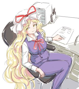 1girl alternate_costume blonde_hair chair closed_mouth collared_shirt commentary hat long_hair long_sleeves looking_at_viewer mob_cap office office_chair office_lady on_chair pants purple_pants purple_vest s-a-murai shirt sitting smile solo swivel_chair table touhou very_long_hair vest wavy_hair white_shirt yakumo_yukari yellow_eyes