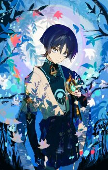 Rule 34 | 1boy, anemo symbol (genshin impact), aqua gem, arm at side, armor, belt, bird, bishounen, black belt, black bodysuit, black bow, black bridal gauntlets, black hair, black shorts, blue cape, blue eyes, blue kimono, blue sleeves, blunt ends, bodysuit, bosonn 13, bow, bridal gauntlets, bright pupils, cape, clenched hand, closed mouth, commentary, cowboy shot, expressionless, eyeliner, feathers, gem, genshin impact, glowing markings, gold, gold ring, hakama, hakama shorts, halo, halo behind head, hand up, highres, holding, japanese armor, japanese clothes, juban, kimono, kote, kurokote, layered sleeves, looking at viewer, makeup, male focus, mandarin collar, middle ring, open clothes, open kimono, outdoors, plant, pleated shorts, pom pom (clothes), purple rope, red eyeliner, ringed eyes, rope, scaramouche (genshin impact), short sleeves, shorts, solo, standing, symbol-only commentary, twitter username, wanderer (genshin impact), white kimono, white pupils, white sleeves, white trim, yellow feathers