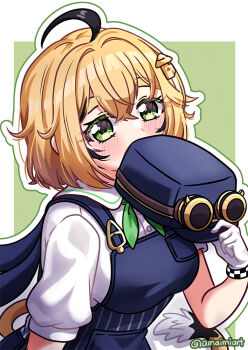 1girl ahoge amaimi black_streaks blonde_hair blue_hat blue_overalls blush commentary_request dooby dooby_(1st_costume) gloves green_eyes hat holding holding_unworn_clothes holding_unworn_hat indie_virtual_youtuber looking_at_viewer medium_hair mouse_girl mouse_tail multicolored_hair overalls shirt streaked_hair tail unworn_hat unworn_headwear virtual_youtuber white_gloves white_shirt