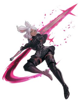 1girl animal_ears bike_shorts black_boots black_capelet black_dress black_gloves boots braid buttons byuub capelet commentary commission cosplay_request dark-skinned_female dark_skin double-breasted dress english_commentary final_fantasy final_fantasy_xiv glasses gloves glowing glowing_sword glowing_weapon green_eyes highres holding holding_sword holding_weapon katelyn_regia_(temporaltactics) long_sleeves medium_hair original parted_lips rabbit_ears rabbit_girl short_dress simple_background solo sword thigh_boots viera warrior_of_light_(ff14) weapon white_background