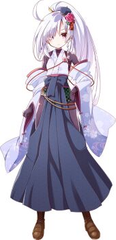 1girl ahoge akaneya boots brown_boots detached_sleeves eyes_visible_through_hair flower full_body hair_flower hair_ornament hair_over_one_eye hakama hakama_skirt hat japanese_clothes lace-up_boots long_hair mini_hat official_art oshiro_project:re ponytail red_eyes shirakawa_komine_(oshiro_project) skirt standing transparent_background very_long_hair white_hair