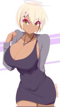 Rule 34 | 1girl, alternate costume, alternate hairstyle, black dress, breasts, closed mouth, corrupted twitter file, covered navel, dark-skinned female, dark skin, dress, erikuukun, highres, hololive, hololive english, huge breasts, jewelry, limiter (tsukumo sana), looking at viewer, necklace, short hair, smile, solo, tongue, tongue out, tsukumo sana, virtual youtuber, white background, yellow eyes