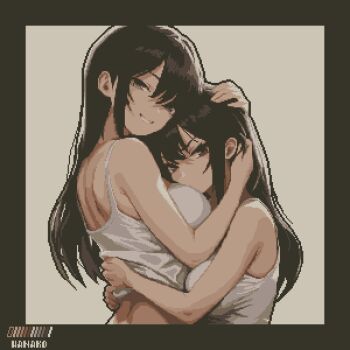 2girls artist_name bare_shoulders black_hair blue_eyes blunt_bangs breasts brown_eyes camisole camisole_pull clothes_pull furrowed_brow hair_behind_ear hair_between_eyes highres hug large_breasts long_hair looking_at_viewer multiple_girls narrowed_eyes original pixel_art sidelocks size_difference smile specialhanako standing teeth white_camisole