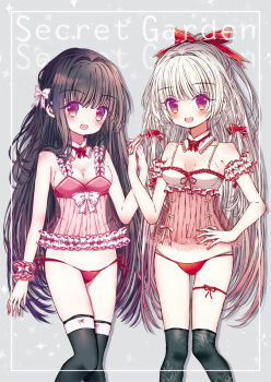 Rule 34 | 2girls, :d, arm at side, arm garter, babydoll, bare shoulders, black hair, black thighhighs, bow, bowtie, breasts, cleavage, collarbone, commentary request, detached collar, feet out of frame, floral print thighhighs, fujiwara no mokou, gradient hair, grey background, hair bow, hair intakes, hand on own hip, houraisan kaguya, leg ribbon, long hair, looking at viewer, medium breasts, multicolored hair, multiple girls, multiple hair bows, open mouth, panties, pink bow, pink wrist cuffs, print thighhighs, purple eyes, red bow, red bowtie, red panties, red ribbon, ribbon, rimei, side-tie panties, smile, standing, thigh ribbon, thighhighs, touhou, underwear, very long hair, white hair, wrist cuffs