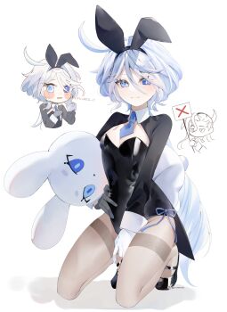 1boy 1girl absurdres ahoge animal_ears black_footwear black_gloves black_leotard blue_eyes blue_hair blue_necktie breasts cleavage closed_mouth detached_collar fake_animal_ears full_body furina_(genshin_impact) furrowed_brow genshin_impact gloves hair_between_eyes heterochromia highres leotard light_blue_hair long_hair long_sleeves looking_at_viewer multicolored_hair multiple_views necktie neuvillette_(genshin_impact) open_mouth pantyhose playboy_bunny rabbit_ears shadow sidelocks simple_background small_breasts smile streaked_hair stuffed_animal stuffed_toy sweatdrop white_gloves yukiusagi_(snowrabbit0508)