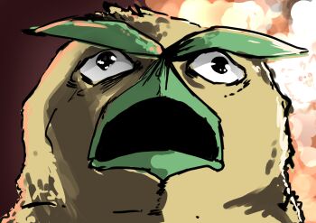 bird browt close-up cyberpunk:_edgerunners cyberpunk_(series) david_martinez face_focus highres looking_up nintendo no_humans open_mouth parody pokemon pokemon_(creature) pokemon_focus pun sad scene_reference solo style_parody wawamachi
