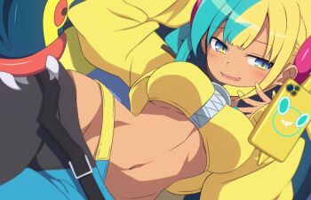 1girl aqua_hair bandeau black_mask blue_skin blush breasts canari_(pokemon) center-flap_bangs colored_sclera colored_skin curakuru eel eelektross fangs fish gen_5_pokemon jacket lamprey mask mask_pull mouth_mask multicolored_hair nintendo pokemon pokemon_(creature) pokemon_legends:_z-a red_sclera rotom rotom_phone short_twintails split-color_hair stomach twintails two-tone_mask yellow_bandeau yellow_jacket yellow_mask zipper_pull_tab
