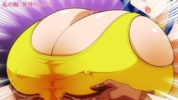 1girl between_breasts blue_hair bouncing_breasts breasts curvy erection female_focus grabbing_own_breast huge_breasts japanese_text kaiman82 kaimanwanio leona_heidern long_hair nipples paizuri paizuri_under_clothes pale_skin pov shirt tank_top the_king_of_fighters tight_clothes tight_shirt