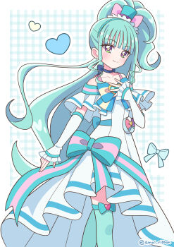 Rule 34 | 1girl, amai ribbon, animal ear hairband, animal ears, aqua background, aqua boots, aqua bow, aqua hair, aqua hairband, aqua hat, arm warmers, bare shoulders, blue bow, blue choker, blunt bangs, boots, border, bow, bright pupils, brooch, cat ear hairband, cat ears, choker, closed mouth, collarbone, commentary, cowboy shot, crossed legs, cure lillian, dress, dress bow, earrings, fake animal ears, frilled arm warmers, frilled dress, frills, hairband, hand on own chest, hat, heart, heart brooch, high ponytail, high side ponytail, highres, jewelry, long hair, looking at viewer, magical girl, medium dress, mini hat, mini top hat, multicolored bow, nekoyashiki mayu, off-shoulder dress, off shoulder, outline, outside border, pact holder, pearl earrings, plaid background, ponytail, pouch, precure, purple eyes, shiny cats pact, side ponytail, smile, solo, standing, striped bow, thigh boots, thighhighs, tilted headwear, top hat, twitter username, very long hair, white arm warmers, white border, white dress, white outline, wonderful precure!, yellow pupils, zettai ryouiki