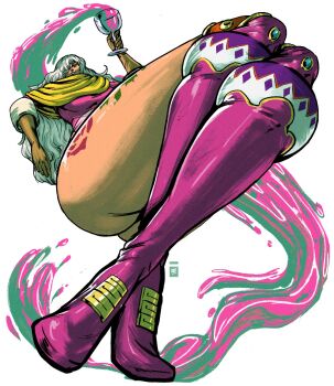 Rule 34 | 1girl, ass, boots, brown gloves, charlotte smoothie, cup, drinking glass, flower tattoo, full body, gloves, highres, leg tattoo, legs, leotard, long hair, one piece, pink boots, redblacktac, simple background, sitting, solo, tattoo, thick thighs, thigh boots, thighs, white background, wine glass