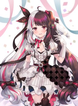 Rule 34 | 1girl, absurdres, ahoge, bird, bird on hand, black bow, black bowtie, black dress, black hair, black ribbon, black thighhighs, bow, bowtie, breasts, cleavage, cleavage cutout, clothing cutout, clover, commentary request, confetti, cowboy shot, dress, dress bow, elbow gloves, eyeshadow, four-leaf clover, frilled dress, frills, gloves, hair bow, hair ribbon, hat, highres, ichinose (sorario), long hair, makeup, multicolored dress, multicolored hair, multiple hair bows, nijisanji, puffy short sleeves, puffy sleeves, red bow, red bowtie, red eyes, red hair, ribbon, short sleeves, sidelocks, solo, split-color hair, streaked hair, streamers, striped clothes, striped dress, thighhighs, top hat, vertical-striped clothes, vertical-striped dress, very long hair, virtual youtuber, white background, white bird, white dress, white gloves, white hair, yorumi rena, yorumi rena (1st costume), zettai ryouiki