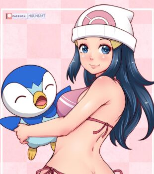 1girl animal ass beanie bikini bird blue_eyes blue_hair blush breasts checkered_background closed_eyes dawn_(pokemon) from_behind gen_4_pokemon hair_ornament hairclip hat holding holding_animal holding_pokemon long_hair looking_at_viewer looking_back medium_breasts misune_art nintendo open_mouth penguin pink_background pink_bikini piplup poke_ball_print poke_ball_symbol pokemon pokemon_(anime) pokemon_(creature) pokemon_dppt_(anime) print_hat side-tie_bikini_bottom smile standing striped_bikini striped_clothes swimsuit upper_body white_hat