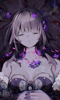 1girl bare_shoulders blood blunt_bangs breasts brown_hair closed_eyes commentary commentary_request death flower hair_spread_out herta_(honkai:_star_rail) highres honkai:_star_rail honkai_(series) lying medium_breasts own_hands_together purple_blood purple_flower purple_nails tare_(tonikaku_magaru) the_herta_(honkai:_star_rail) twitter_username