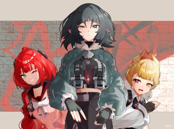 3girls ahoge alice_thymefield animal_ears black_gloves black_hair black_sailor_collar braid cardigan collared_shirt fingerless_gloves gloves green_eyes grey_eyes heterochromia highres jane_doe_(zenless_zone_zero) long_hair looking_at_viewer low_twin_braids low_twintails mouse_ears mouse_girl multiple_girls one_eye_closed open_mouth pink_cardigan rabbit_ears rabbit_girl red_eyes sailor_collar shirt smile twin_braids twintails ukinami_yuzuha very_long_hair white_shirt yellow_eyes zenless_zone_zero zeroartwo