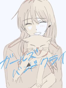 Rule 34 | 1girl, animal, blush, breasts, cat, cleavage, closed eyes, copyright name, girls band cry, grcr pometa1118, highres, holding, holding animal, holding cat, kawaragi momoka, long sleeves, open mouth, simple background, smile, solo, spot color, upper body, white background