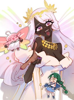 2girls alternate_costume aurora_(fate) aurora_(fate)_(cosplay) braid braided_ponytail breasts chibi chibi_inset cleavage clefable clothed_pokemon cosplay dark-skinned_female dark_skin dress earrings eyelashes fate/grand_order fate_(series) fingernails gen_1_pokemon glint gold_earrings gold_necklace green_hair hand_up highres jacinthe_(pokemon) jewelry laurel_crown lebanne_(pokemon) light-skinned_palms long_hair looking_at_viewer medium_breasts mega_clefable mega_pokemon multiple_girls nail_polish necklace nintendo off-shoulder_dress off_shoulder open_mouth pointing pointing_at_viewer pokemon pokemon_legends:_z-a purple_eyes purple_hair purple_nails raliciel smile solo_focus strapless strapless_dress very_dark_skin very_long_hair white_dress