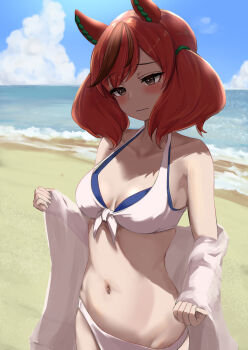 1girl absurdres animal_ears armpit_peek beach bikini blush breasts closed_mouth commentary_request cowboy_shot day embarrassed grey_eyes highres horse_ears layered_bikini medium_breasts medium_hair miyama_mizuki_(hoshihoshi1220) multicolored_bikini multicolored_hair navel nice_nature_(umamusume) ocean outdoors parted_bangs red_hair sand shadow shawl solo standing stomach streaked_hair swimsuit twintails umamusume white_bikini white_shawl