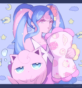 1girl :o absurdres blue_hair cloud colored_eyelashes crescent_moon earrings fairy_miku_(project_voltage) flower gen_1_pokemon gen_2_pokemon hair_flower hair_ornament hatsune_miku highres jewelry jigglypuff light_blue_hair long_hair mareep moon multicolored_hair neckerchief nintendo open_mouth pearl_earrings pearl_hair_ornament pink_eyes pink_hair pink_shirt pokemon project_voltage red_flower shirt star_(symbol) twintails two-tone_hair vocaloid white_neckerchief yellow_flower yuu_(yuu777hh)