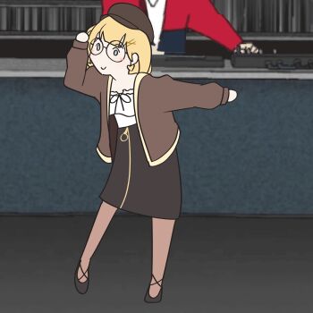 1girl absurdres animated animated_gif black_skirt blonde_hair blue_eyes brown_coat brown_hat c: newsboy_cap coat commentary dancing derivative_work earrings english_commentary hair_ornament hat heart heart_earrings highres hololive hololive_english jewelry long_sleeves looping_animation moon_ldl off-shoulder_shirt off_shoulder official_alternate_costume official_alternate_hairstyle parody round_eyewear screenshot_redraw serial_experiments_lain shirt skirt smile solo_focus virtual_youtuber watson_amelia watson_amelia_(street_casual) white_shirt zipper_skirt