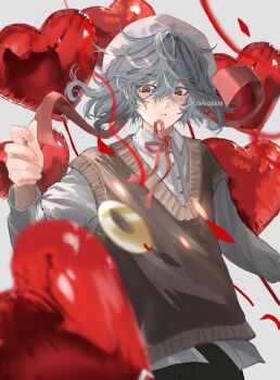 1boy balloon blue_hair brown_sweater_vest collared_shirt commentary commentary_request cowboy_shot double-parted_bangs hair_between_eyes hand_up hat heart heart_balloon highres long_sleeves looking_at_viewer male_focus neck_ribbon original parted_lips red_eyes red_ribbon ribbon sahi00000 shirt short_hair solo sweater_vest symbol-only_commentary white_hat white_shirt